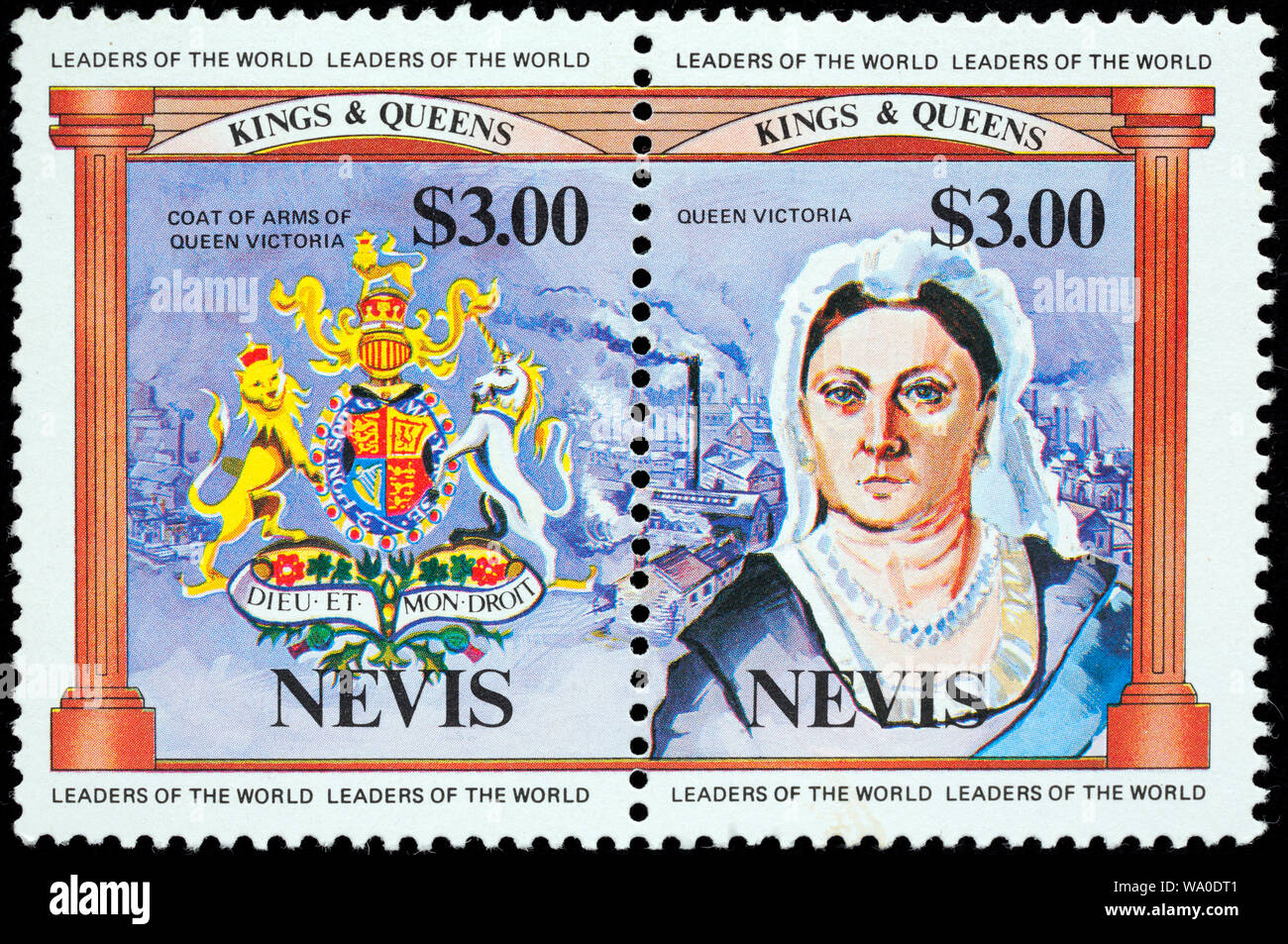 Armoiries de la reine Victoria, le timbre-poste, Nevis, 1984 Banque D'Images