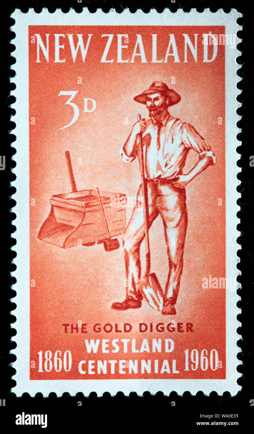 Chercheur d'or du centenaire, Westland, timbre-poste, Nouvelle-Zélande, 1960 Banque D'Images