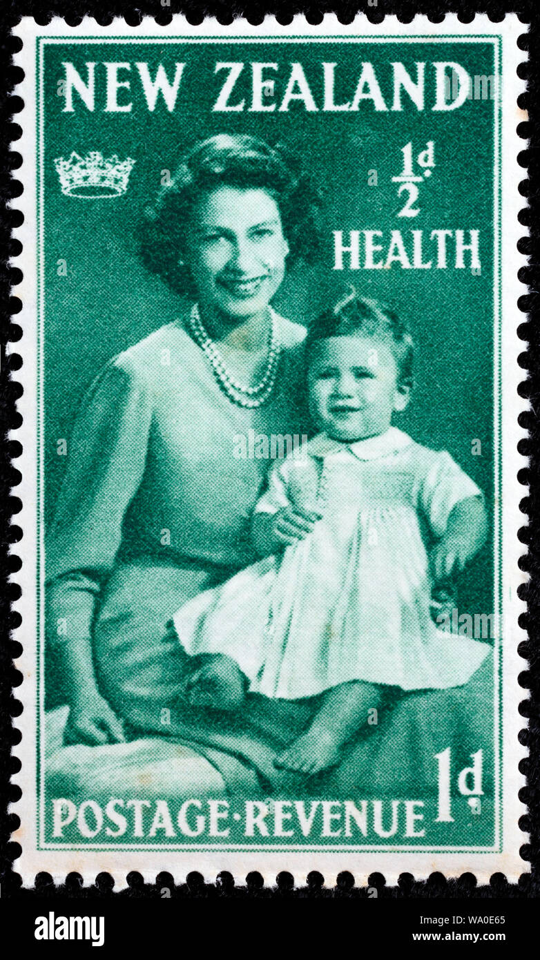 La reine Elizabeth II et le Prince Charles, timbre-poste, Nouvelle-Zélande, 1950 Banque D'Images