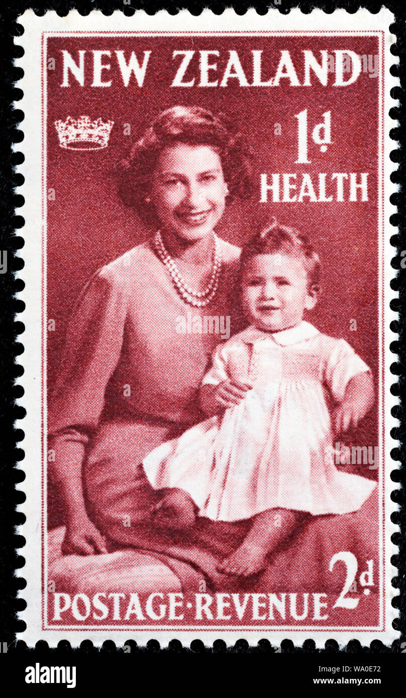 La reine Elizabeth II et le Prince Charles, timbre-poste, Nouvelle-Zélande, 1950 Banque D'Images