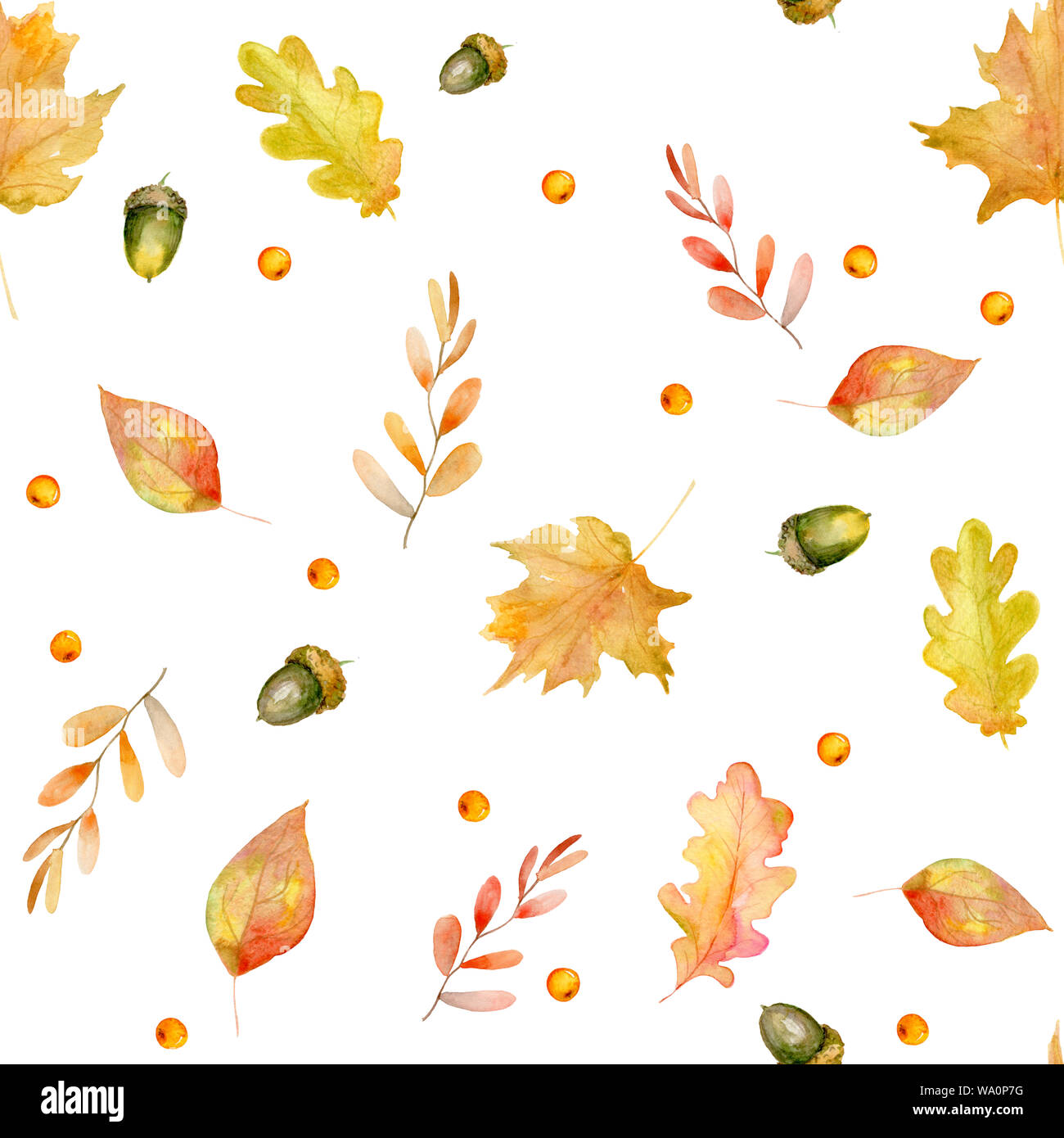 Modèle sans couture avec éléments d'automne aquarelle - à sec des feuilles jaunes, Rowan berries et de glands. Convient pour la conception des emballages, impression sur tissu, location Banque D'Images