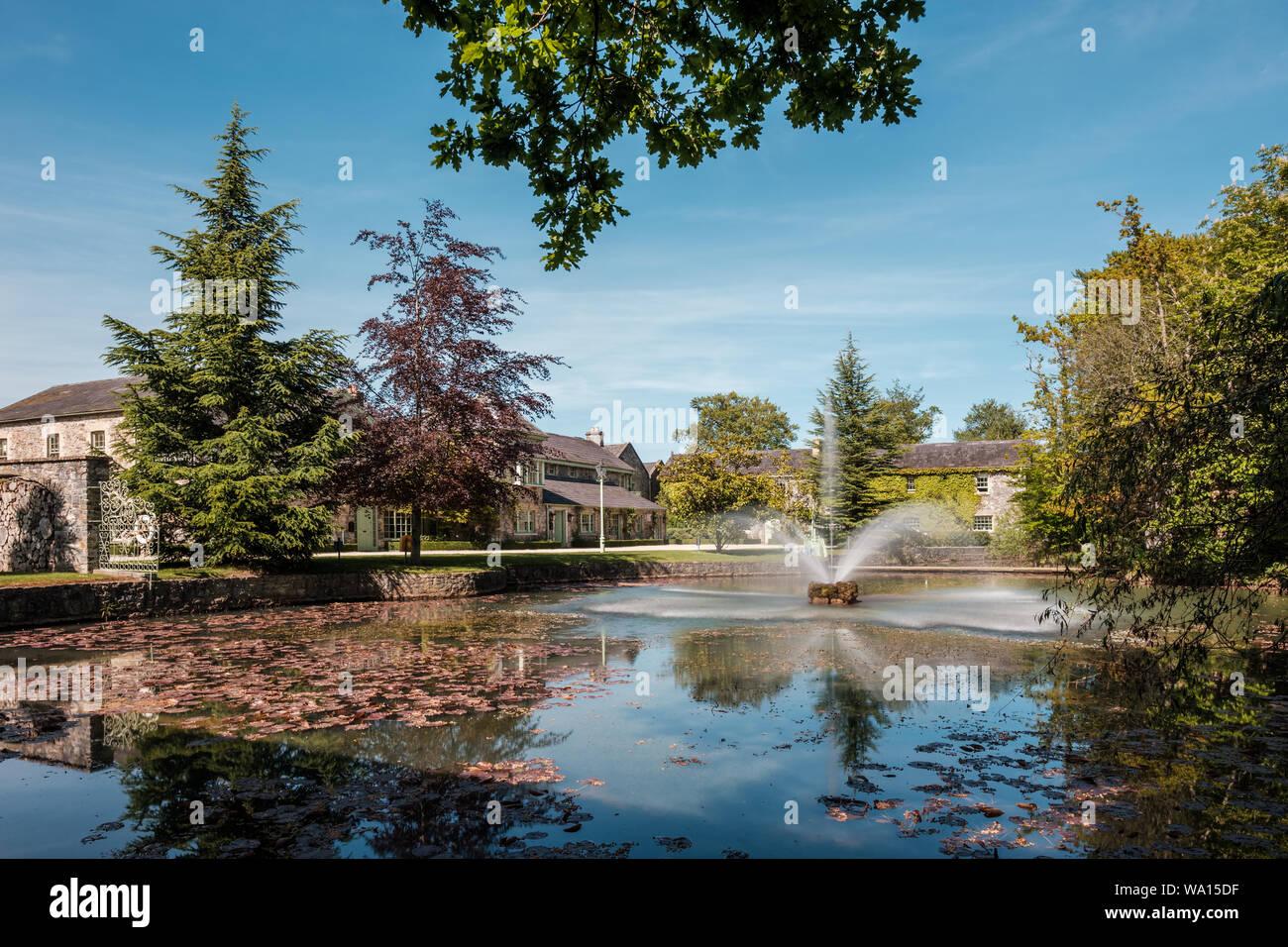 Falaise à Lyon, Meknès, Kildare, Irlande - 13 mai 2019. Une fontaine d'eau forme une voûte spectaculaire du lac à Falaise à Lyon hôtels à Sec Conditionnement Banque D'Images