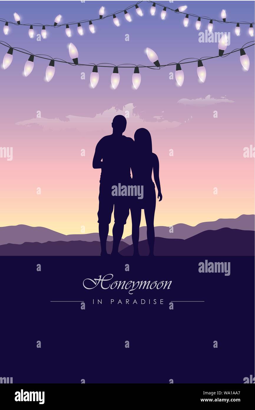 Couple in love silhouette concept de miel avec fairy light sur paysage violet vector illustration EPS10 Illustration de Vecteur