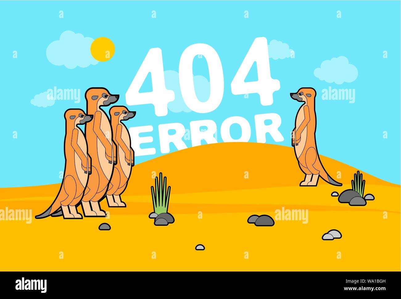 Page d'erreur 404 et les suricates en désert. La famille suricates et attendre. Petite mangouste signe. Page Web introuvable. vector illustration Illustration de Vecteur