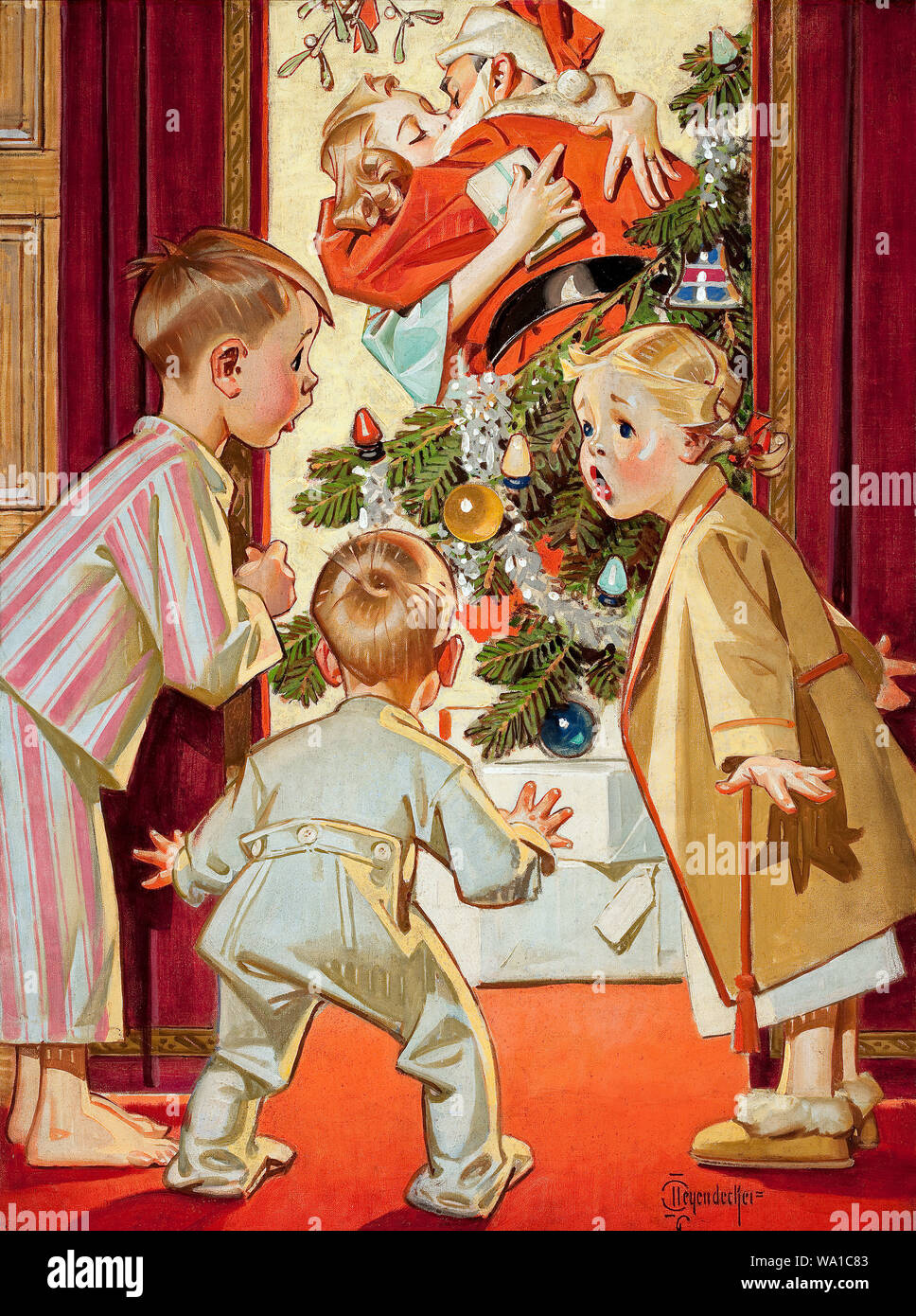 J.C. Leyendecker J'ai vu maman embrasser le Père Noël Couverture hebdomadaire américain Banque D'Images