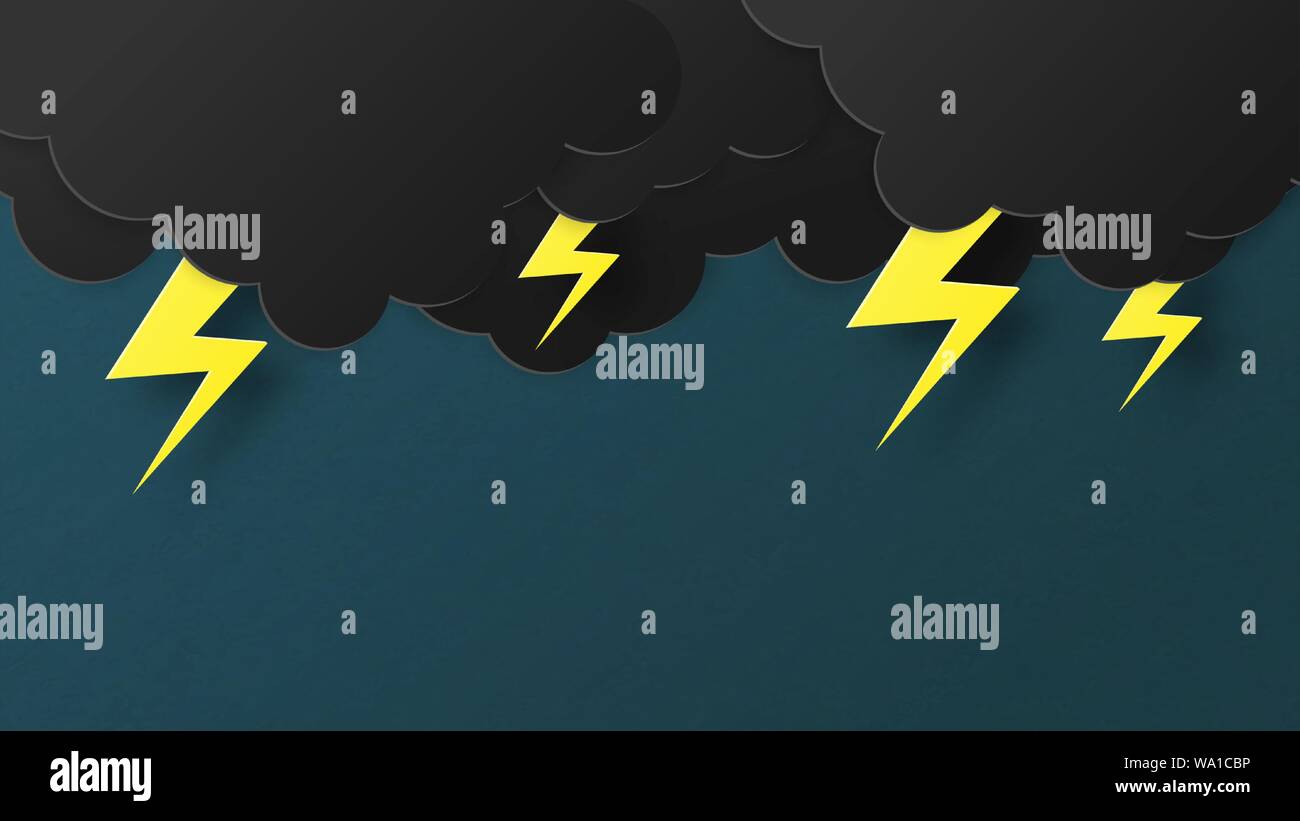 L'éclair et de foudre avec un nuage noir avant que la pluie sur bleu ciel en papier coupé style. Art papier idée concept de tempête. Vector illustration. wallpa Illustration de Vecteur