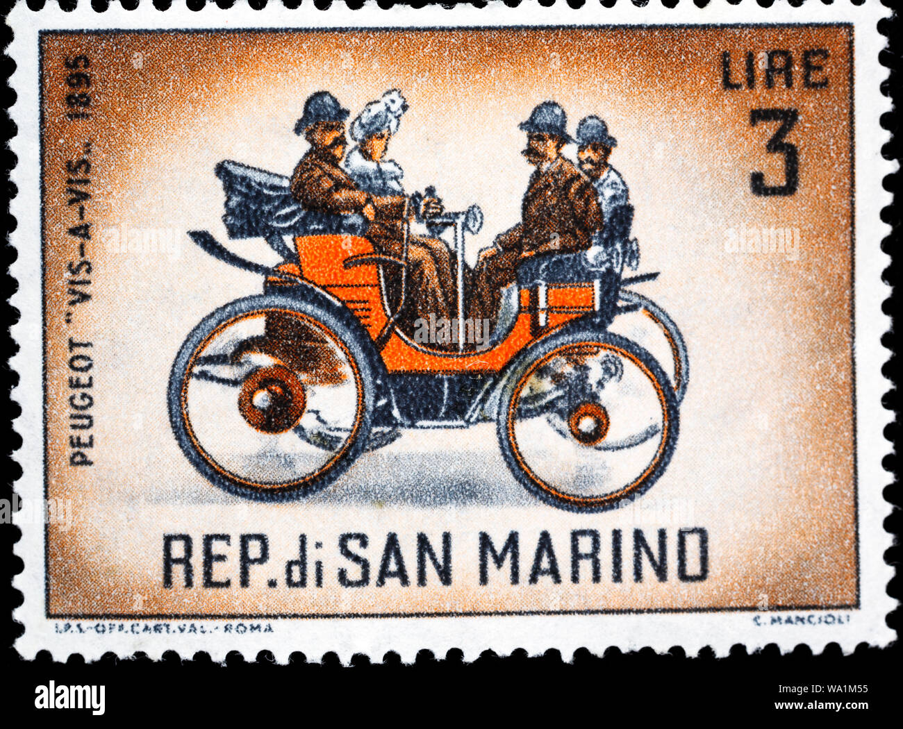 Location de Peugeot vis-a-vis, 1895, timbre-poste, Saint-Marin, 1962 Banque D'Images