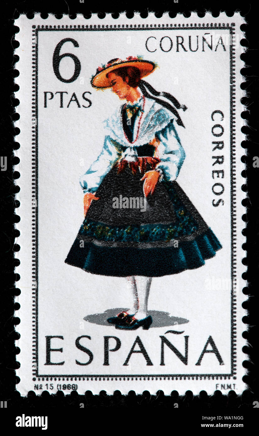 Corogne, Galice, femme en costume traditionnel régional démodée, timbre-poste, Espagne, 1968 Banque D'Images