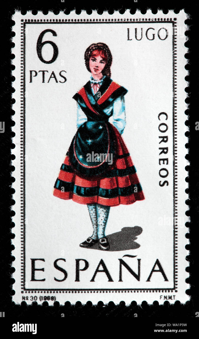 Lugo, Galice, femme en costume traditionnel régional démodée, timbre-poste, Espagne, 1969 Banque D'Images