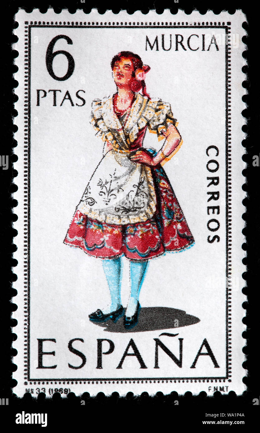 Murcia, femme en costume traditionnel régional démodée, timbre-poste, Espagne, 1969 Banque D'Images