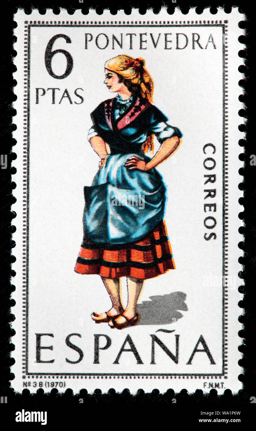 Pontevedra, Galice, femme en costume traditionnel régional démodée, timbre-poste, Espagne, 1970 Banque D'Images