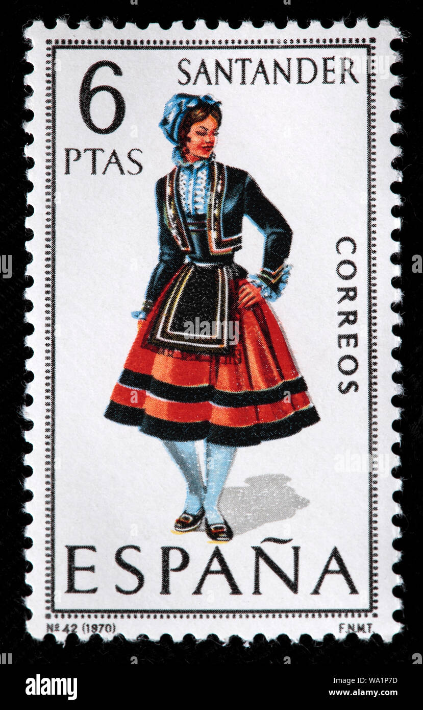 Santander, Cantabria, femme en costume traditionnel régional démodée, timbre-poste, Espagne, 1970 Banque D'Images