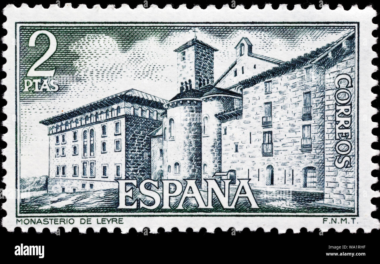 Monastère de San Salvador de Leyre, la Sierra de Leyre, Navarre, timbre-poste, Espagne, 1974 Banque D'Images
