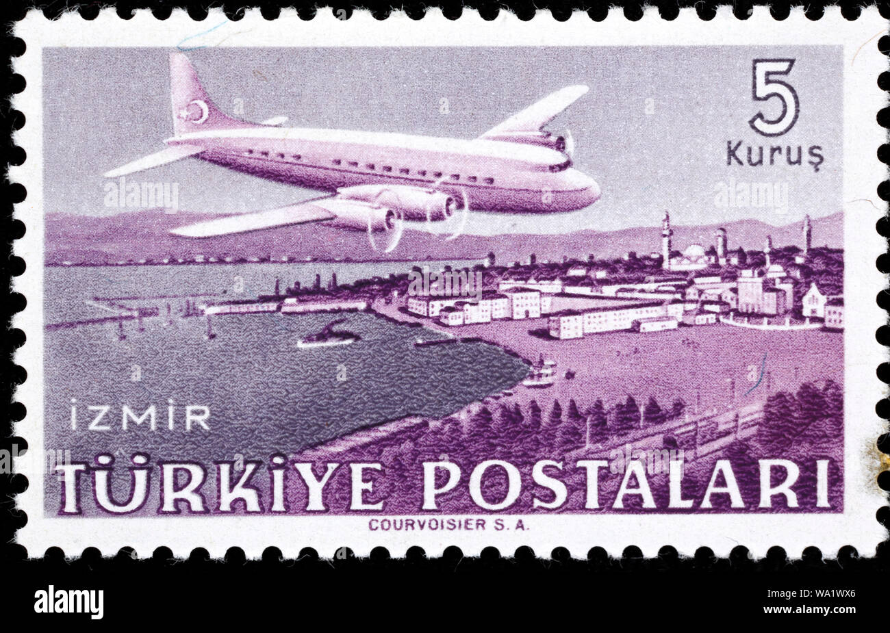 Douglas DC-6 avion sur Izmir, timbre-poste, Turquie, 1949 Banque D'Images