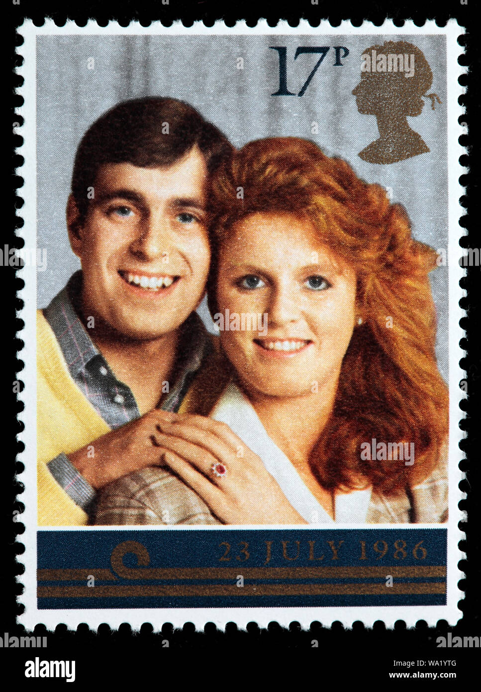 Le prince Andrew et Sarah Ferguson, timbre-poste, UK, 1986 Banque D'Images