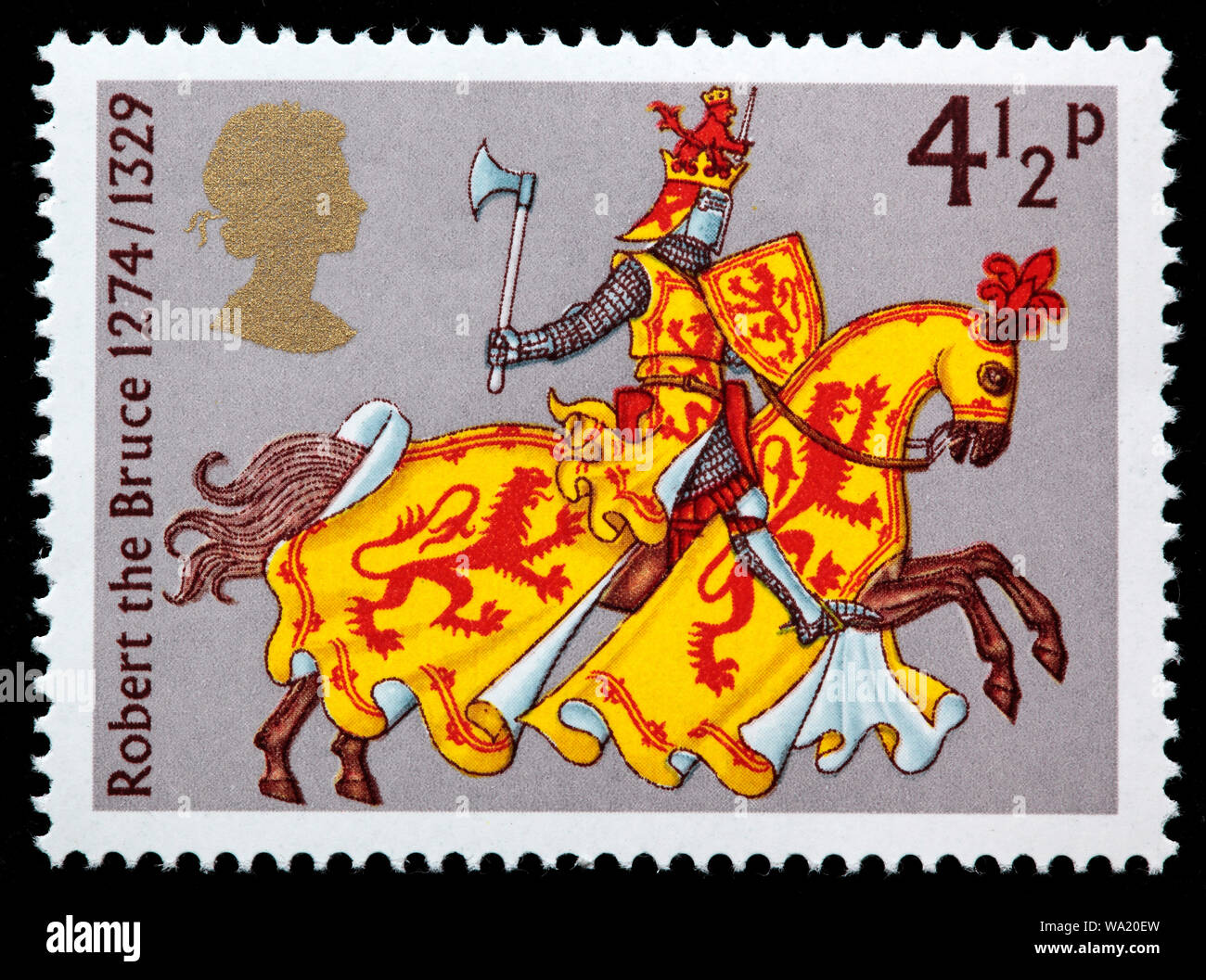 Robert the Bruce (1274-1329), roi d'Ecosse, chevalier médiéval, timbre-poste, UK, 1974 Banque D'Images