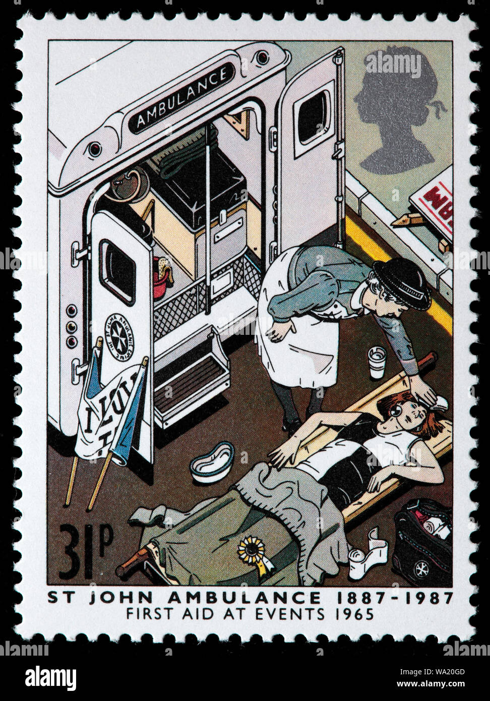 La Brigade de l'Ambulance Saint-Jean, les premiers soins lors d'événements, 1965, timbre-poste, UK, 1987 Banque D'Images