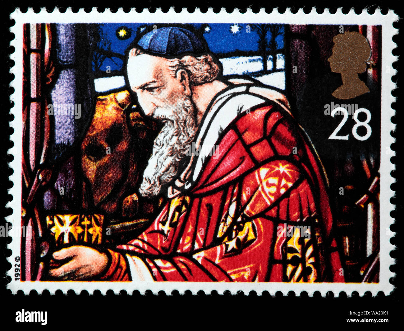 Or, la couronne roi offrant vitrail, Joyeux Noël, timbre-poste, UK, 1992 Banque D'Images