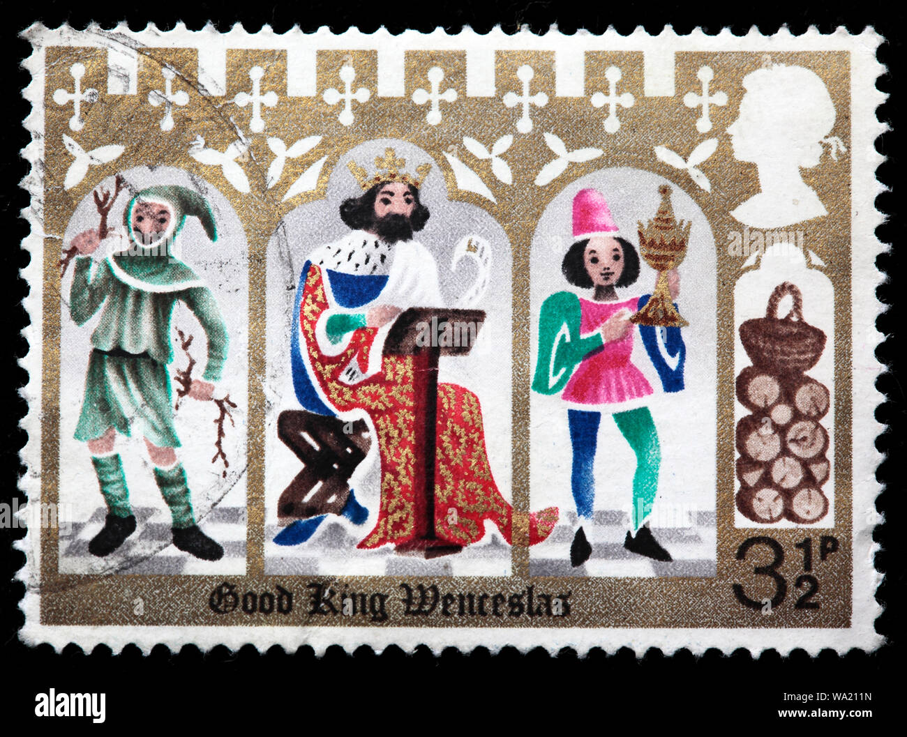 Le bon roi Wenceslas, la page et paysan, Joyeux Noël, timbre-poste, UK, 1973 Banque D'Images