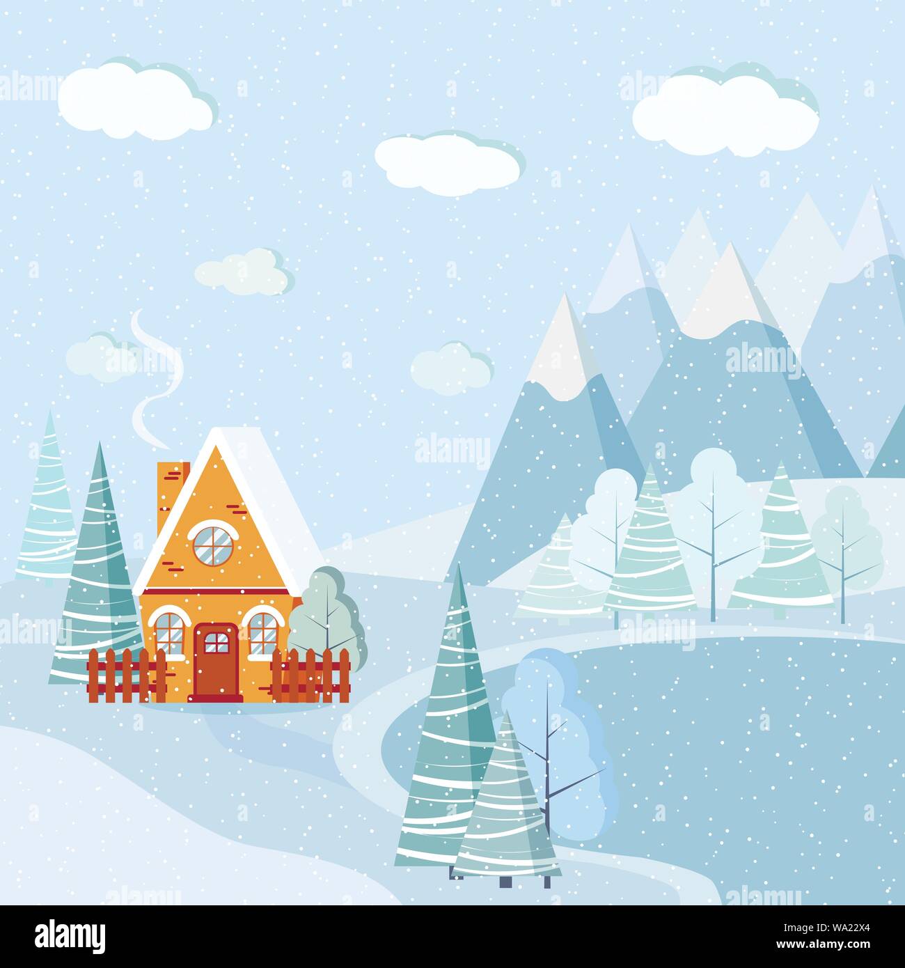 Belle hiver Noël arrière-plan du paysage du lac avec des montagnes, neige, arbres, sapins, pays cartoon house Illustration de Vecteur