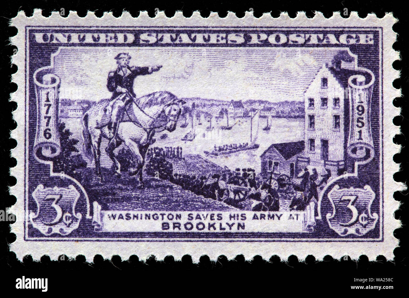 Le général George Washington sauve son armée à Brooklyn, timbre-poste, USA, 1951 Banque D'Images