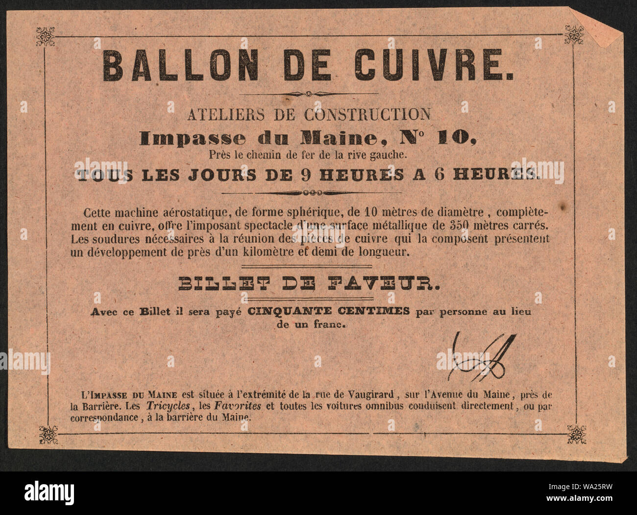 Ballon de cuivre. Ateliers de construction, impasse du Maine, no. 10, près le chemin de fer de la rive gauche. Tous les jours de 9 heures a 6 heures ; billet pour assister à une exposition d'un ballon en cuivre à Paris à la fin des années 1850. Banque D'Images