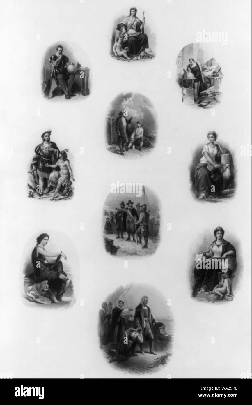 Vignettes montrant les explorateurs de billets de banque dont Christophe Colomb( ?), les pèlerins landing en Amérique, les femmes symbolisant les arts et sciences, et Benjamin Franklin l'exécution de l'expérience de l'électricité avec la clé et le kite Banque D'Images