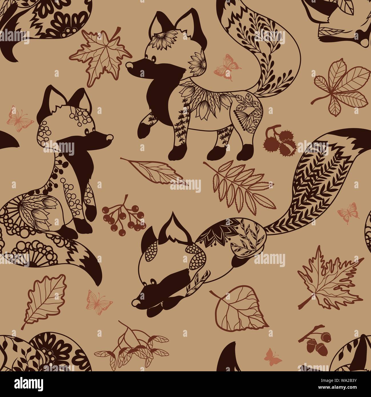 Modèle sans couture avec Fox et le feuillage, yagada, châtaigne, acorn background Illustration de Vecteur