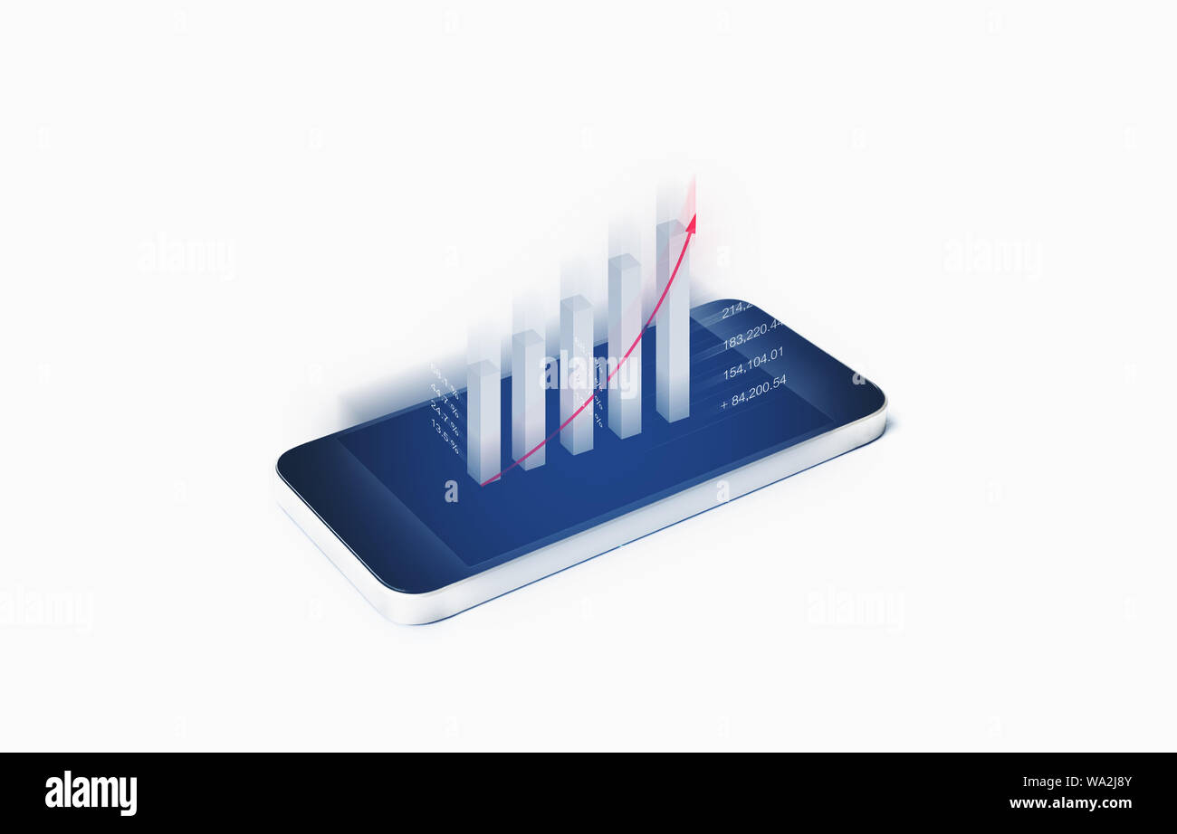 L'analyse des données financières et d'affaires , la croissance de l'investissement. Graphique à barre montée hors de l'écran du smartphone mobile Banque D'Images