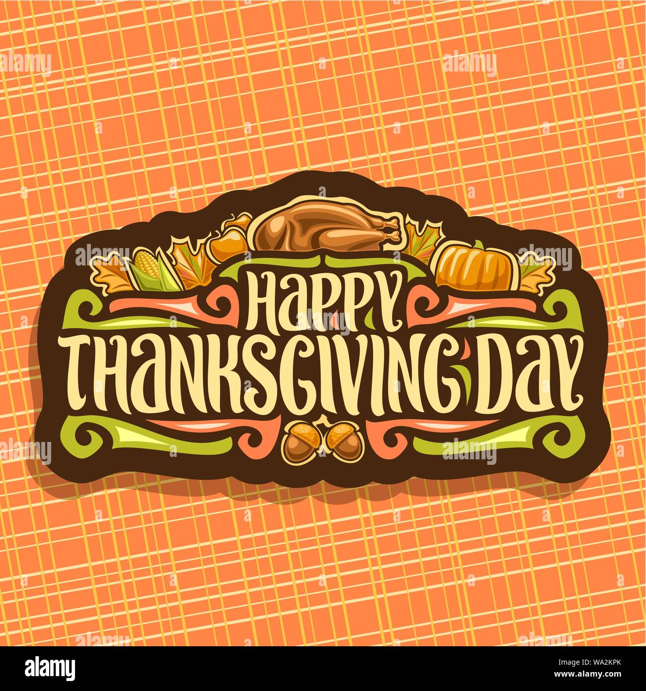 Logo Vector pour Thanksgiving Day, dark retro autocollant pour vacances grâce au four traditionnel avec la Turquie, de la récolte, les feuilles d'automne, original b Illustration de Vecteur