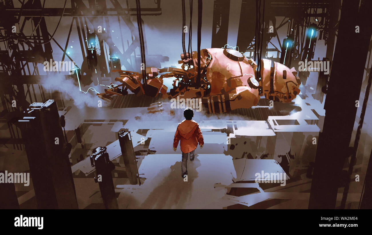 Le garçon marchant à l'broken robot géant qui est en réparation dans une ancienne usine de style, de l'art numérique, illustration peinture Banque D'Images