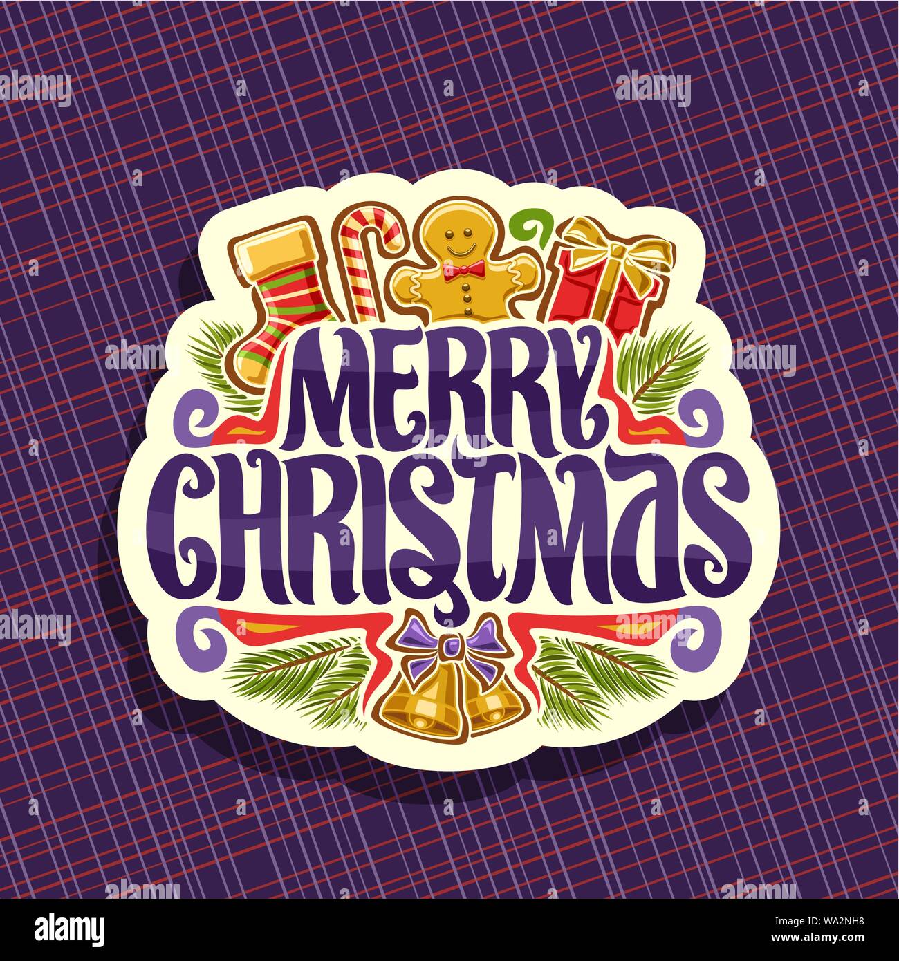Logo Vector pour Joyeux Noël, coupe du papier signer avec les enfants la chaussette, sweet Candy Cane, cute Gingerbread Man, boîte-cadeau original, de caractère brosse pour mes souhaits Illustration de Vecteur