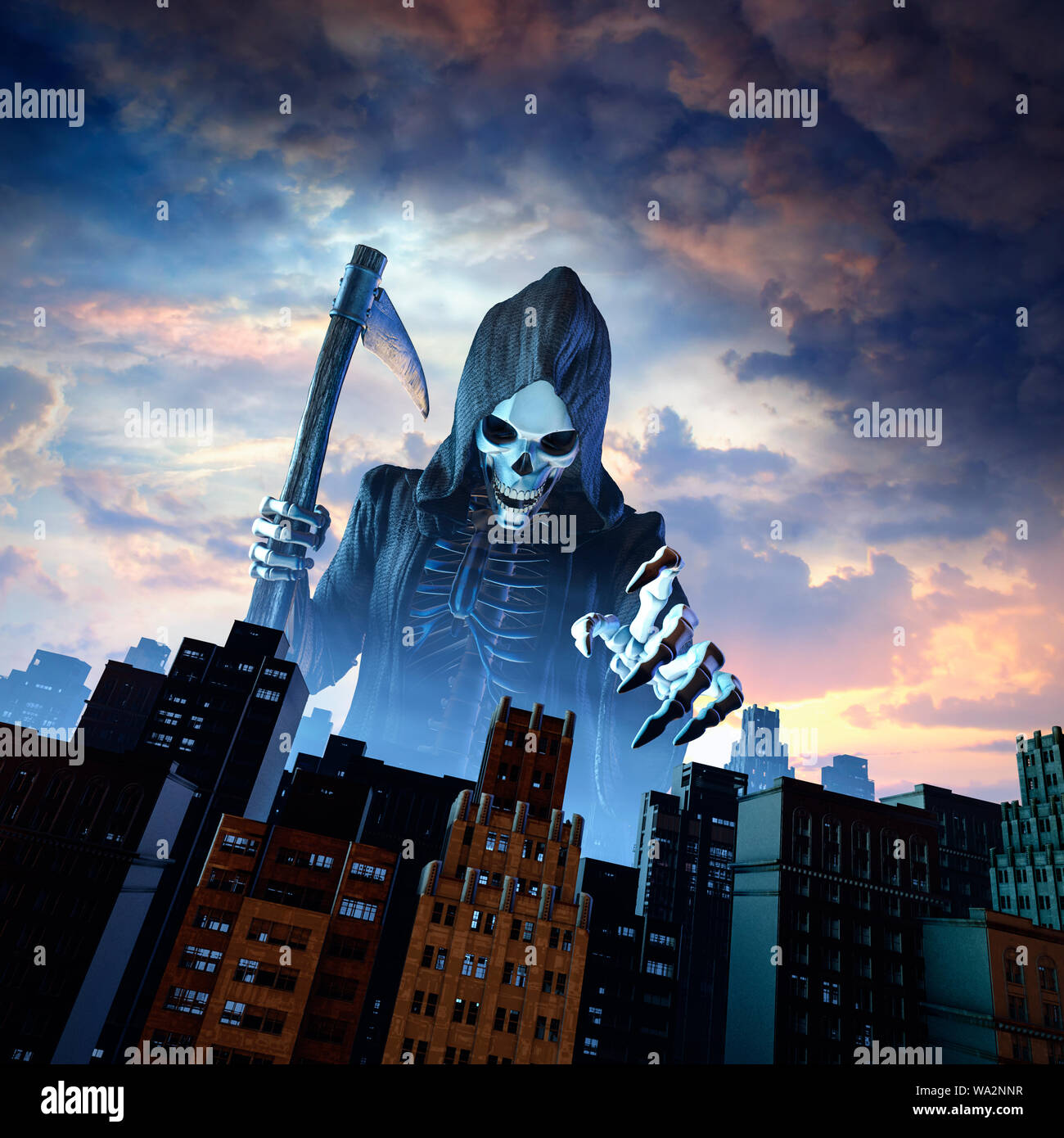La mort et la ville / 3D illustration de cloaked faucheur squelettique vers des bâtiments de la ville à l'aube Banque D'Images