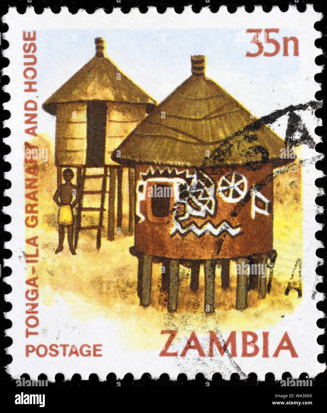 Tonga-ila grenier et chambre, timbre-poste, Zambie, 1989 Banque D'Images