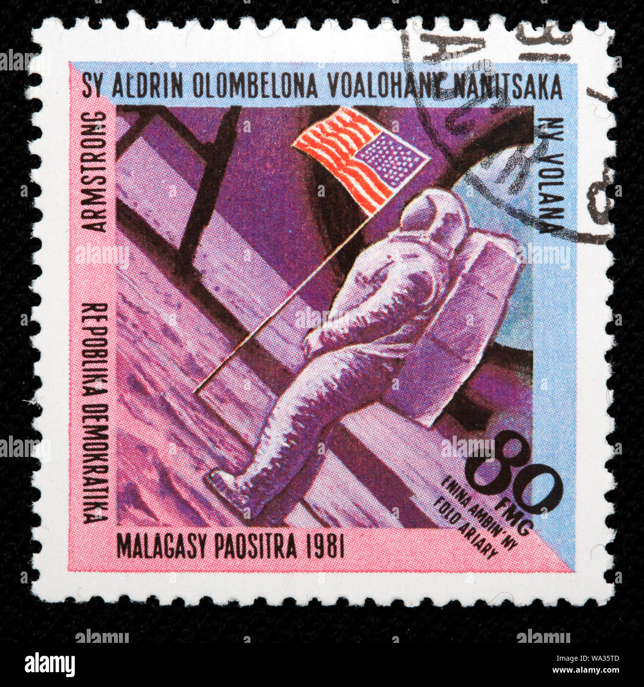 USA astronaute sur la Lune, timbre-poste, le malgache, 1981 Banque D'Images