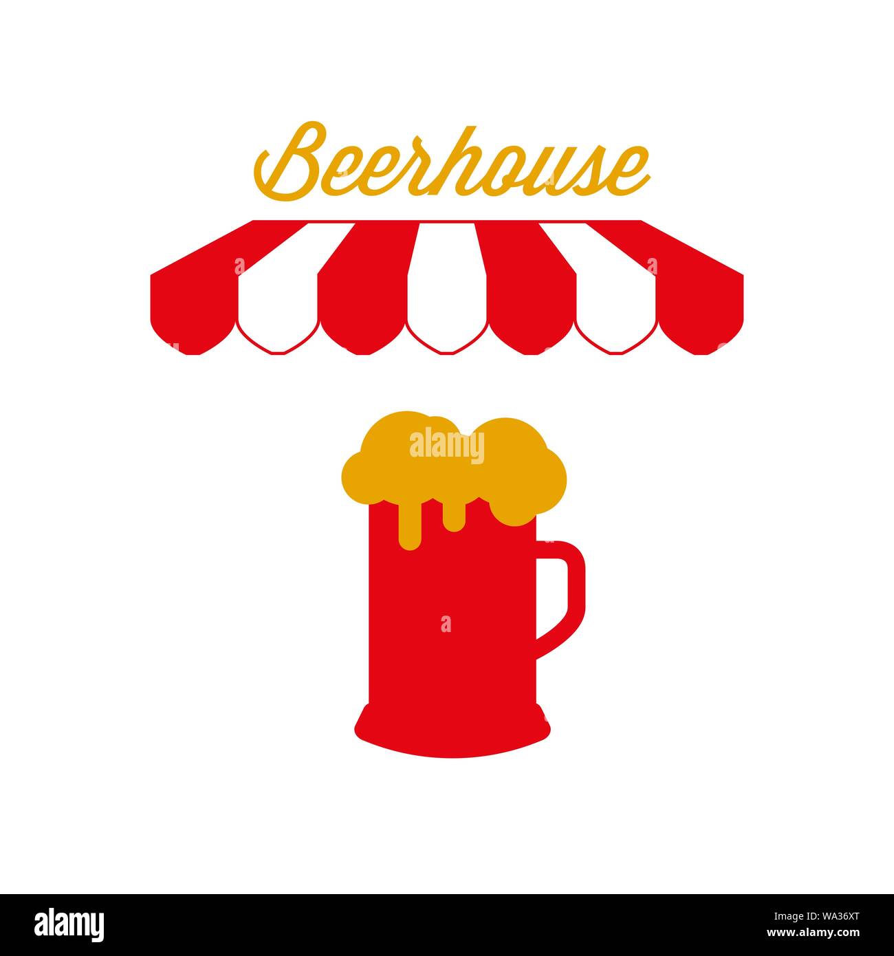 Brasserie enseigne de pub, de l'emblème. Auvent à rayures rouge et blanc tente. Beer Mug avec mousse. Les couleurs or et rouge. Télévision Vector Illustration. Illustration de Vecteur