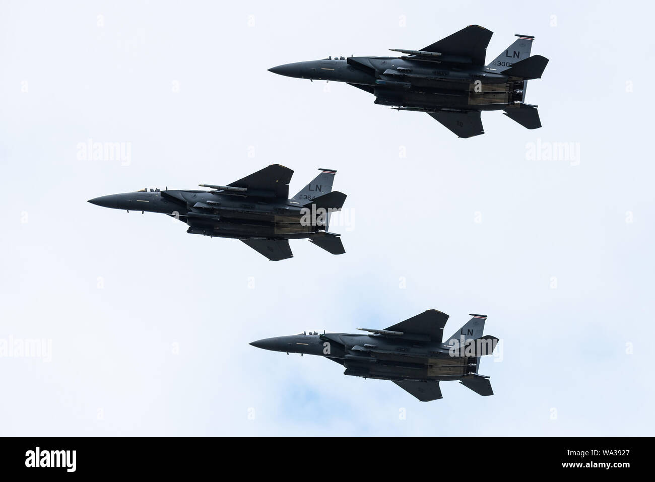 Un McDonnell Douglas F-15E Strike Eagle jet de combat polyvalent à partir de la 48e Escadre de chasse de l'United States Air Force (USAF). Banque D'Images