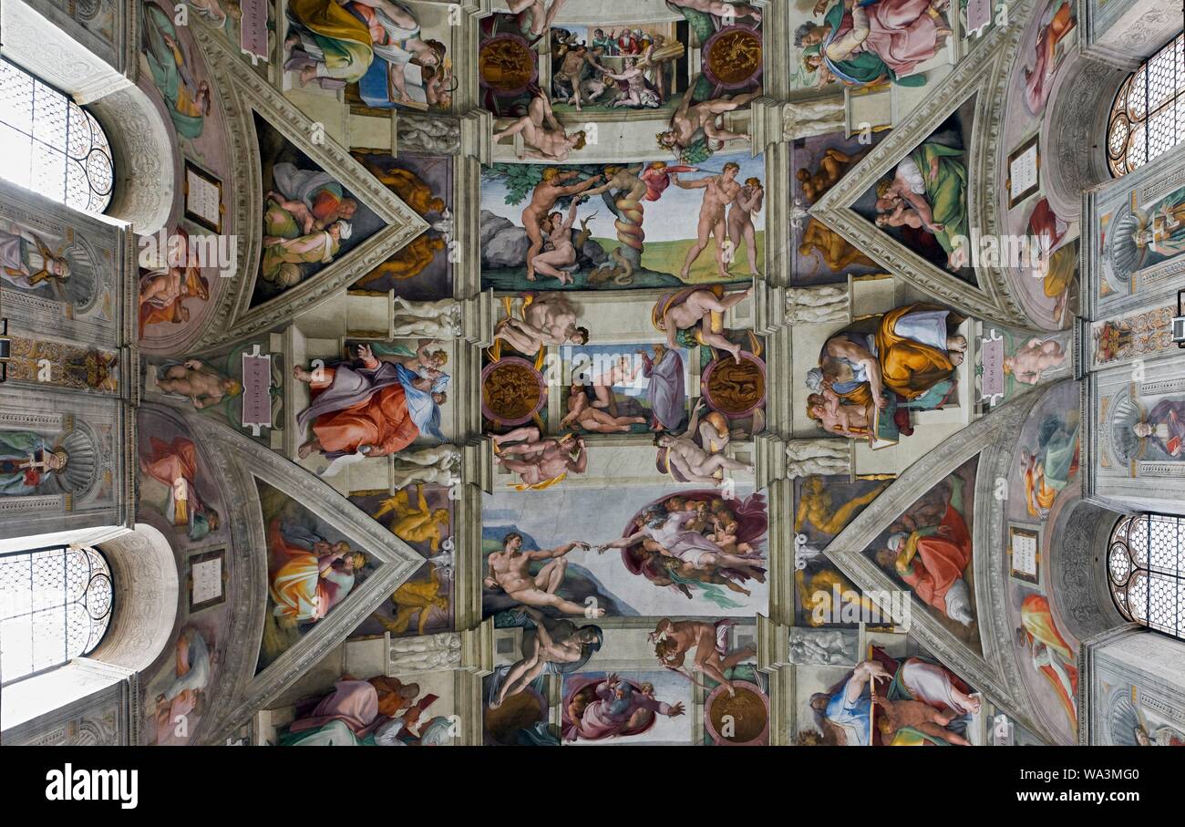 Chapelle Sixtine, fresque au plafond par Michelangelo Buonarroti, création d'Adam, Vatican, Rome, Latium, Italie Banque D'Images