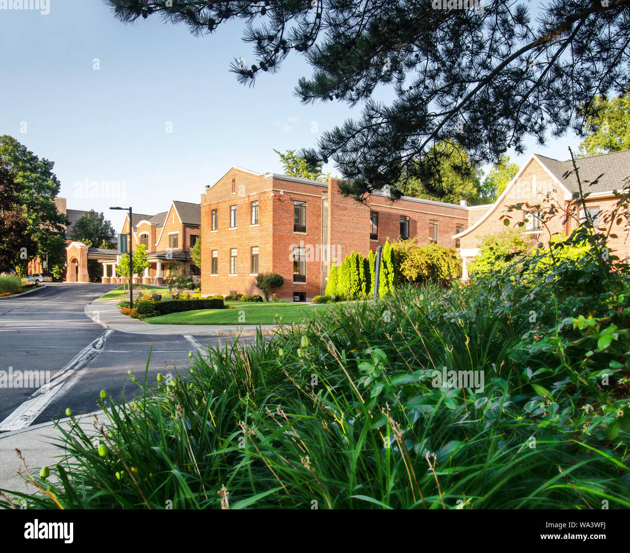 Le long feuillage entrée d'une résidence-services Banque D'Images