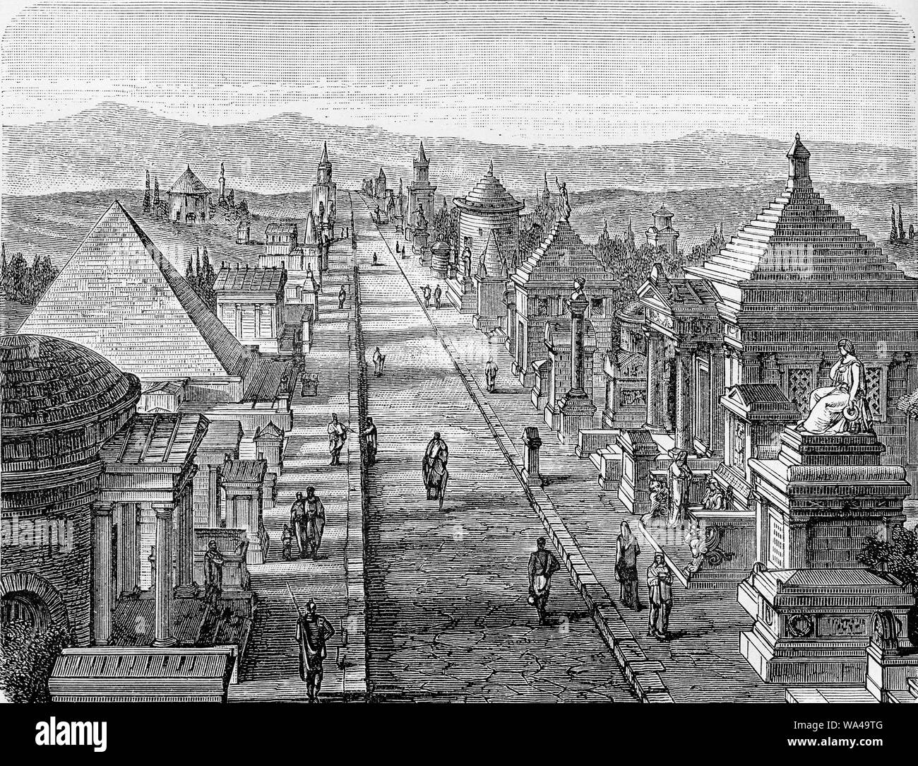 La via appia à l'époque romaine dans l'antiquité, flanquée par des mémoriaux et monuments historiques Banque D'Images