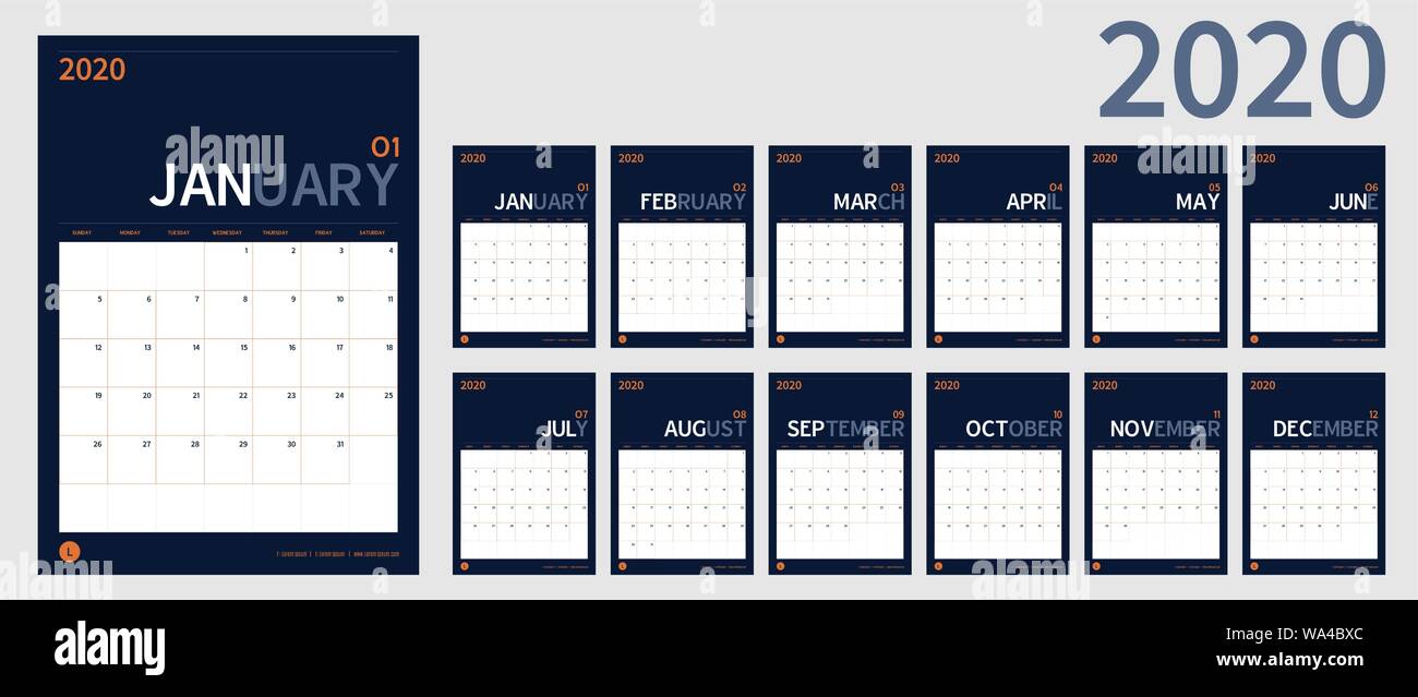 Calendrier 2020 vector set 12 nouvelle année planner mois à nettoyer un minimum de table simple style design et couleur bleu marine,vertical de modèle d'cale de vacances Illustration de Vecteur