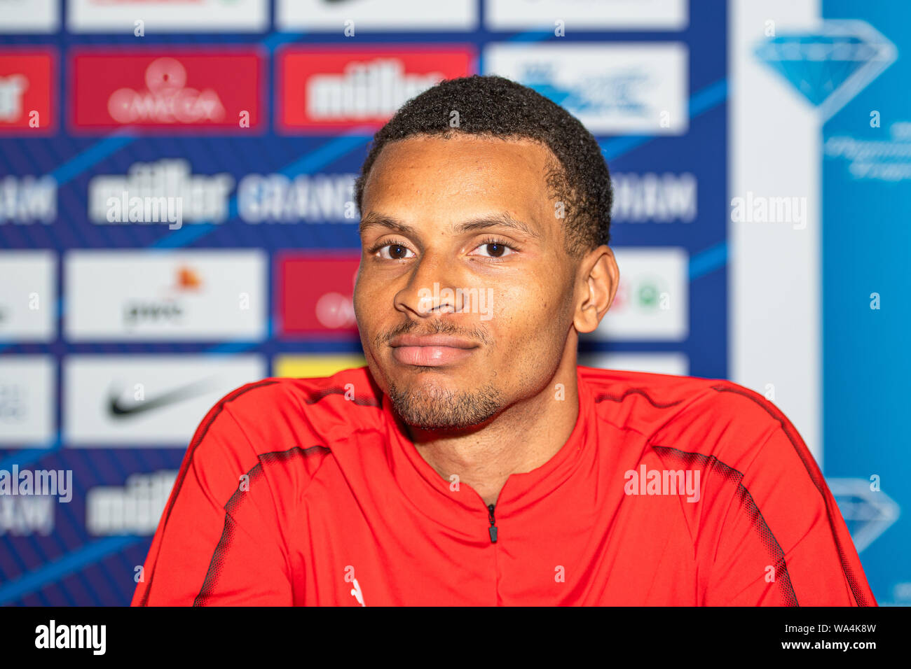 BIRMINGHAM, Royaume-Uni. Août 17, 2019. André de Grasse du Canada (100m - Triple médaillé olympique, 2016) au cours du Grand Prix de Birmingham 2019 Muller Conférence de presse pré-événement du Crowne Plaza Hotel le Samedi, Août 17, 2019 à Birmingham en Angleterre. Credit : Taka G Wu/Alamy Live News Banque D'Images