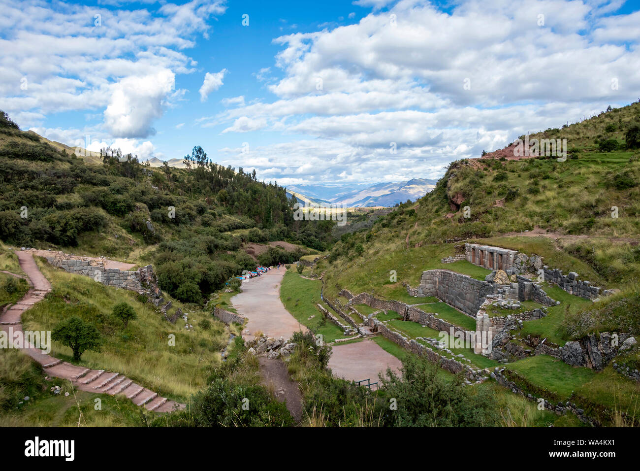 Tambomachay ruines Incas : Site archéologique associé à l'Empire Inca, situé près de Cusco, Pérou Banque D'Images