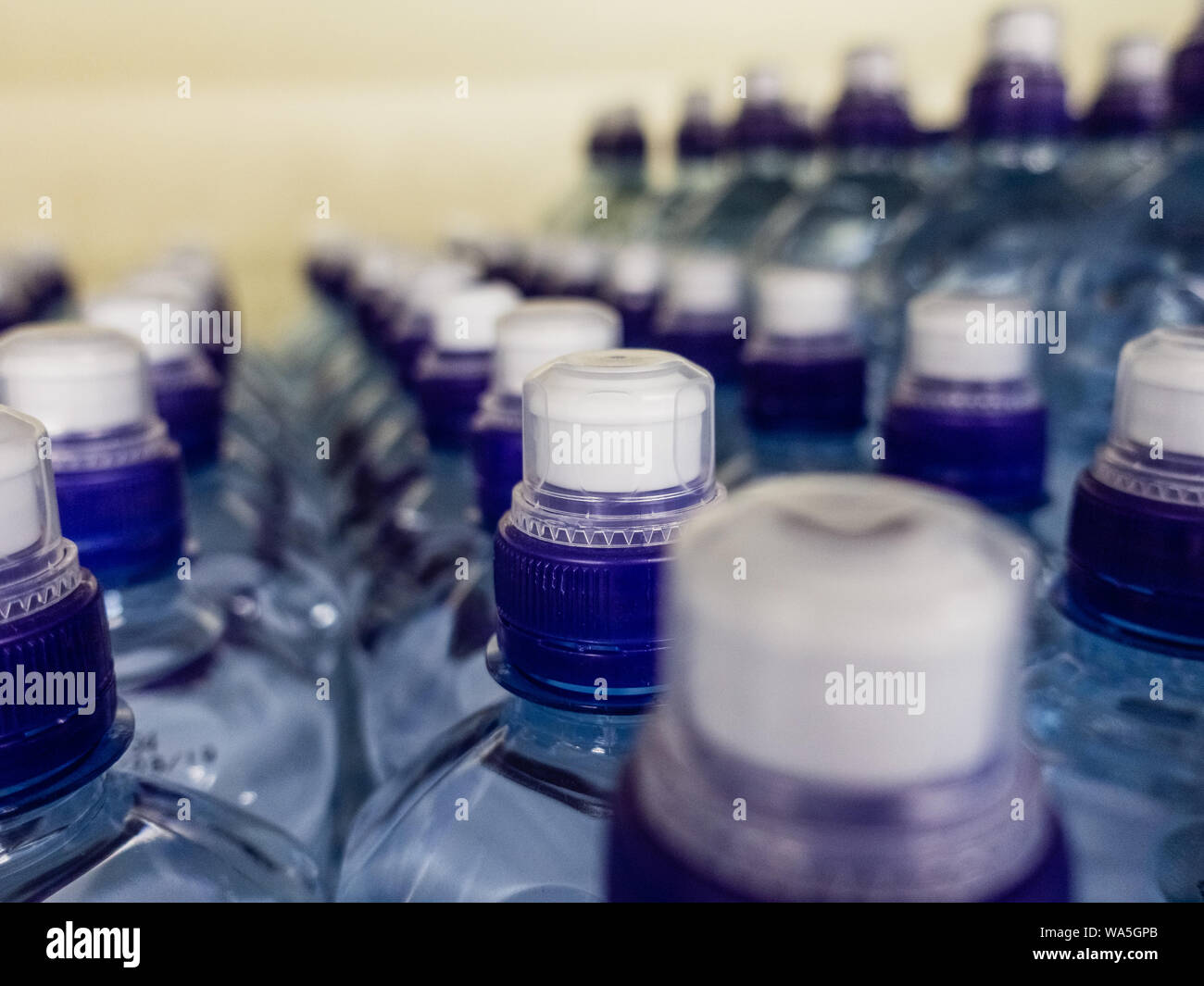 Les bouteilles en plastique avec wate. Rangées de bouteilles en plastique remplies d'eau avec bouchons à vis. Banque D'Images