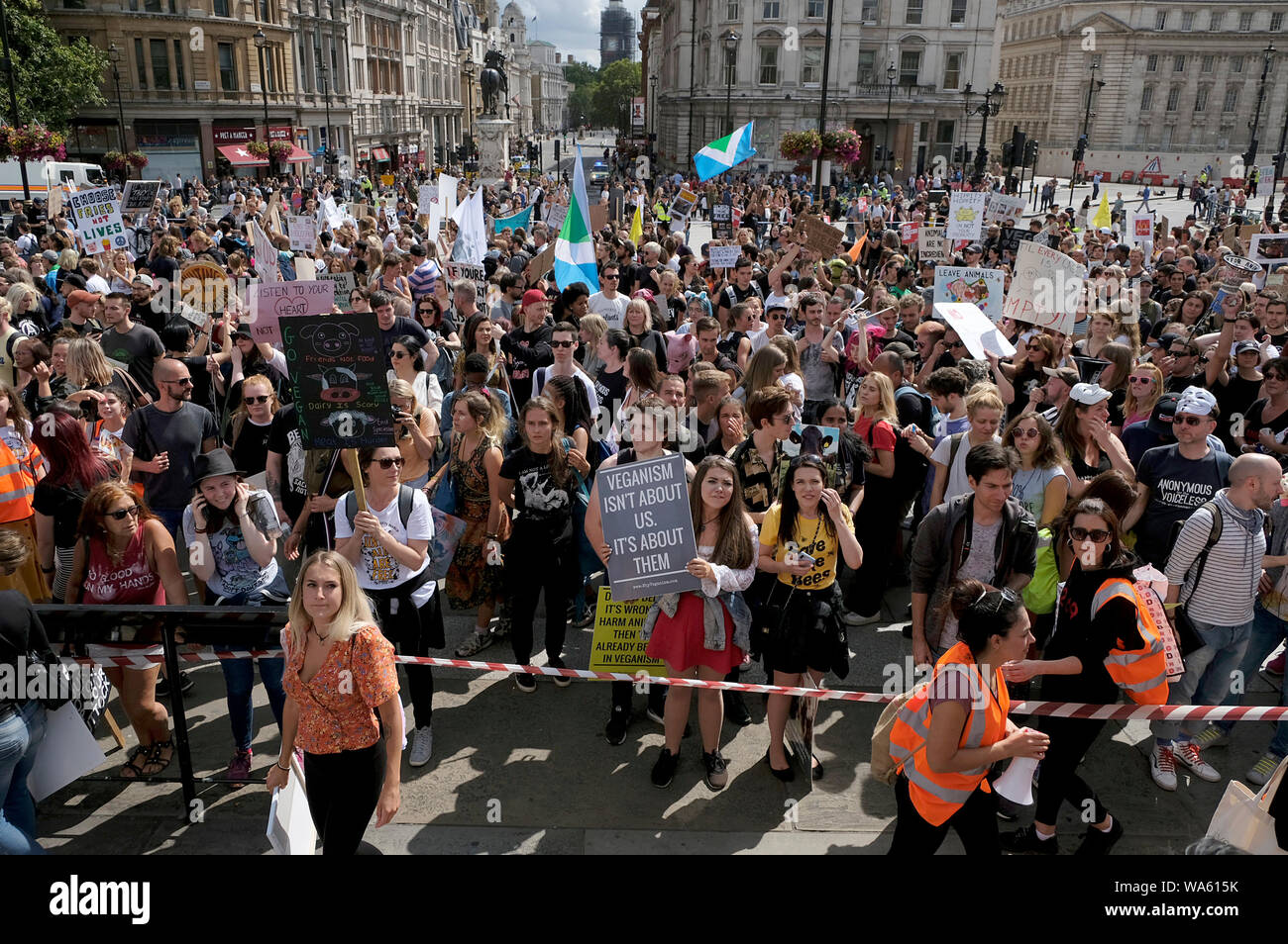 Maintenez les militants des pancartes appelant à la fin de la consommation de produits d'origine animale pendant la manifestation.Les défenseurs des droits des animaux ont manifesté dans le centre de Londres pour protester contre la cruauté envers les animaux et aussi pour exiger la fin de la pêche, l'élevage et de l'expérimentation animale. Banque D'Images