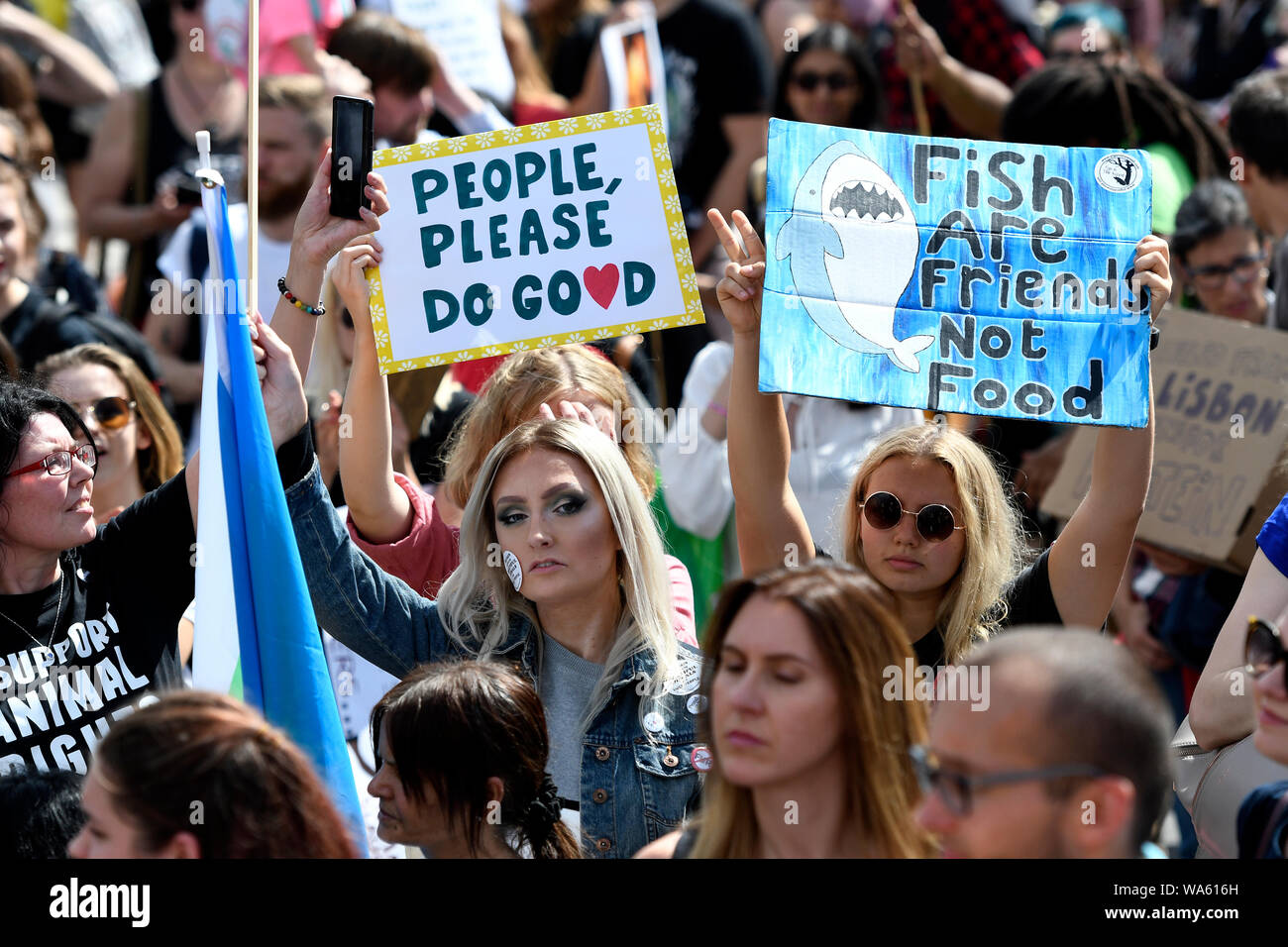 Maintenez les militants des pancartes pendant la manifestation à Londres.Les défenseurs des droits des animaux ont manifesté dans le centre de Londres pour protester contre la cruauté envers les animaux et aussi pour exiger la fin de la pêche, l'élevage et de l'expérimentation animale. Banque D'Images