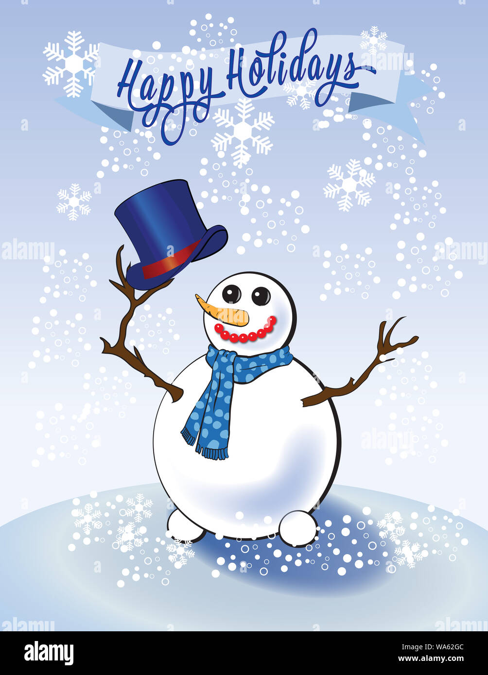 Bonhomme de neige sur fond bleu pâle avec des flocons blancs Banque D'Images