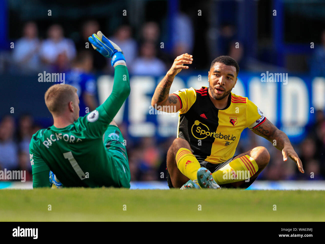 17 août 2019, Goodison Park, Liverpool, Angleterre ; football Premier League, Everton vs Watford : Troy Deeney (09) de Watford félicite Jordan Pickford (01) d'Everton sur faire un grand crédit enregistrer : Conor Molloy/News Images images Ligue de football anglais sont soumis à licence DataCo Banque D'Images