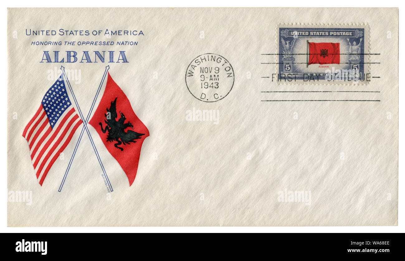 Washington, D.C., aux États-Unis - 9 novembre 1943 : enveloppe historique : couvrir avec un cachet patriotique de l'Albanie, l'honneur de la nation opprimée, deux drapeaux Banque D'Images