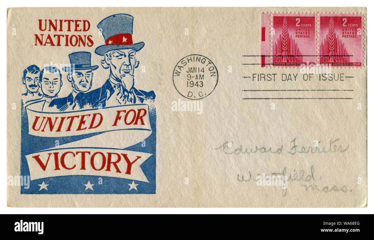 Washington, D.C., USA - Le 14 janvier 1943 : enveloppe historique : couvrir avec un cachet patriotique de l'Organisation des Nations unies, pour la victoire, l'Oncle Sam, la deuxième guerre mondiale Banque D'Images